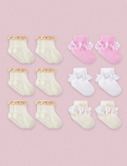 FRILLORA Baby Girl Ruffle Grip Socks for Newborns, 12 Pairs - Pink, Beige, White 3# - 12 Pairs