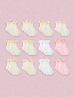 FRILLORA Baby Girl Ruffle Grip Socks for Newborns, 12 Pairs - Pink, Beige, White 4# - 12 Pairs