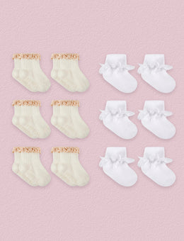 FRILLORA Baby Girl Ruffle Grip Socks for Newborns, 12 Pairs - Beige, White - 12 Pairs