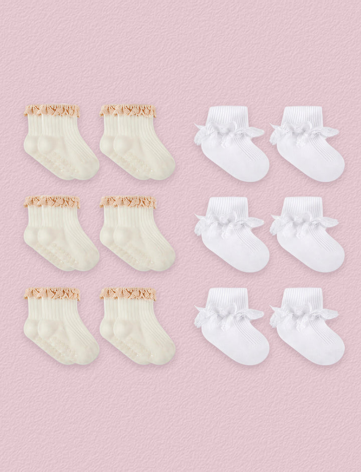 FRILLORA Baby Girl Ruffle Grip Socks for Newborns, 12 Pairs - Beige, White - 12 Pairs