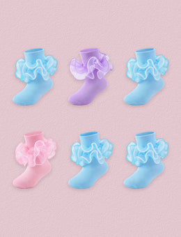 FRILLORA Girls 4-Layer Ruffle Turn-Cuff Dress Socks, 6 Pairs - Blue, Purple, Pink - 6 Pairs