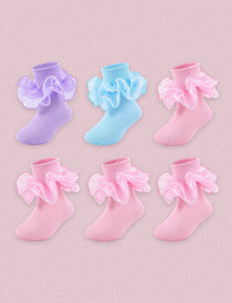 FRILLORA Girls 4-Layer Ruffle Turn-Cuff Dress Socks, 6 Pairs - Blue, Purple, Pink - 6 Pairs