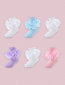 FRILLORA Girls 4-Layer Ruffle Turn-Cuff Dress Socks, 6 Pairs - Blue, Purple, Pink, White - 6 Pairs