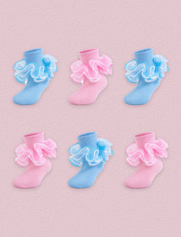 FRILLORA Girls 4-Layer Ruffle Turn-Cuff Dress Socks, 6 Pairs - Blue, Pink - 6 Pairs