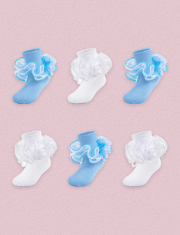 FRILLORA Girls 4-Layer Ruffle Turn-Cuff Dress Socks, 6 Pairs - Blue, White - 6 Pairs