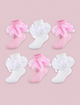 FRILLORA Girls 4-Layer Ruffle Turn-Cuff Dress Socks, 6 Pairs - Pink, White - 6 Pairs