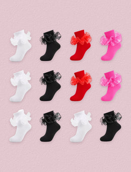 FRILLORA Women's Big Double-Ruffle Turn-Cuff Dress Socks, 12 Pairs - White, Red, Black, Hot Pink - 12 Pairs