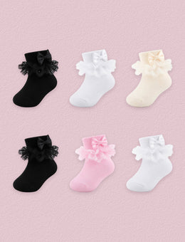 FRILLORA Baby Girl Ruffle Bow Grip Socks, 6 Pairs - Beige, White, Black, Pink - 6 Pairs