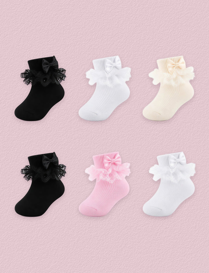 FRILLORA Baby Girl Ruffle Bow Grip Socks, 6 Pairs - Beige, White, Black, Pink - 6 Pairs