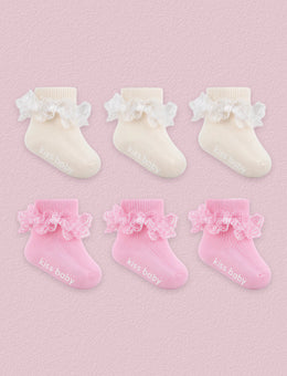 FRILLORA Baby Girl Ruffle Grip Socks with Lace Cuff, 6 Pairs - Beige, Pink - 6 Pairs