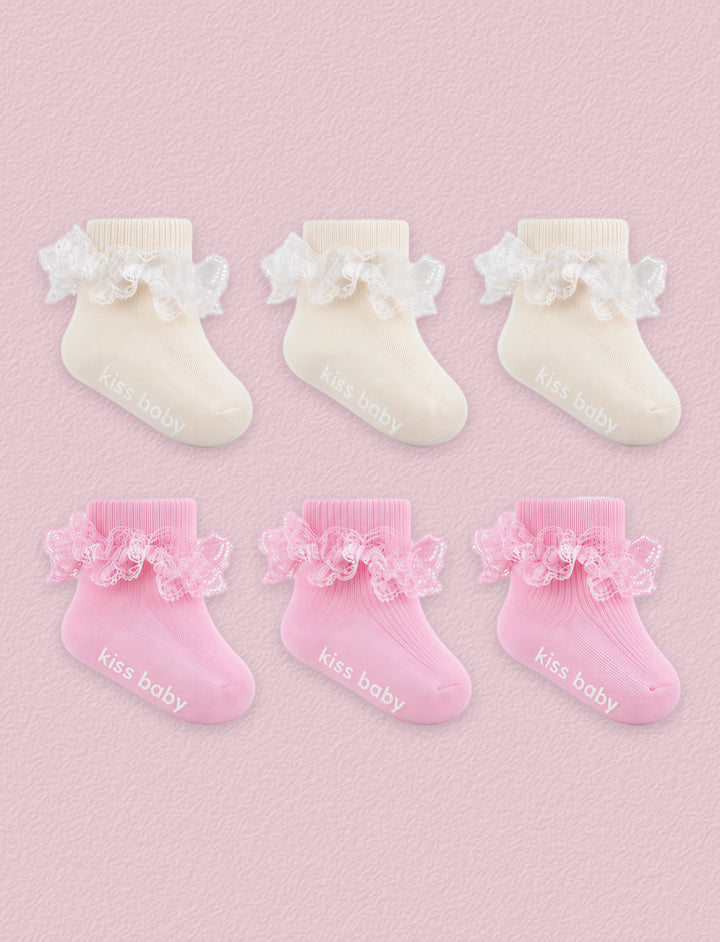 FRILLORA Baby Girl Ruffle Grip Socks with Lace Cuff, 6 Pairs - Beige, Pink - 6 Pairs