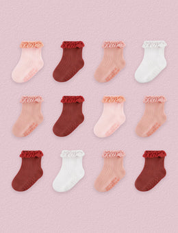 FRILLORA Baby Girl Ruffle Grip Socks with Grip Soles, 12 Pairs - Pink, Peach, Burgundy, White - 12 Pairs