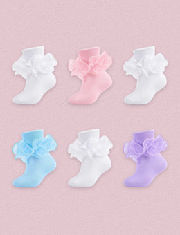 FRILLORA Baby Girl Ruffle Socks with 2-Layer Lace Turn-Cuff, 6 Pairs - Pink, Purple, Blue, White - 6 Pairs