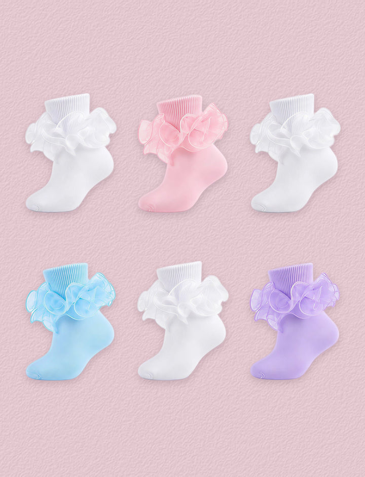 FRILLORA Baby Girl Ruffle Socks with 2-Layer Lace Turn-Cuff, 6 Pairs - Pink, Purple, Blue, White - 6 Pairs