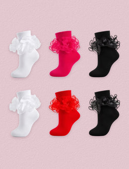FRILLORA Women's Bow Ruffle Turn-Cuff Socks, 6 Pairs - White, Black, Hot Pink, Red - 6 Pairs