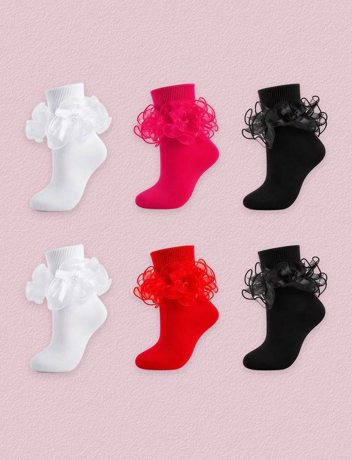 FRILLORA Women's Bow Ruffle Turn-Cuff Socks, 6 Pairs - White, Black, Hot Pink, Red - 6 Pairs