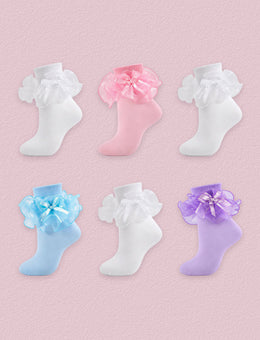 FRILLORA Women's Bow Ruffle Turn-Cuff Socks, 6 Pairs - Purple, Blue, Pink, White - 6 Pairs