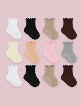 FRILLORA Baby & Toddler Girl Ruffle Crew Socks, 12 Pairs - White, Khaki, Brown, Black, Beige, Apricot, Pink, Grey - 12 Pairs
