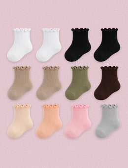 FRILLORA Baby & Toddler Girl Ruffle Crew Socks, 12 Pairs - White, Khaki, Brown, Black, Beige, Apricot, Pink, Green, Grey - 12 Pairs