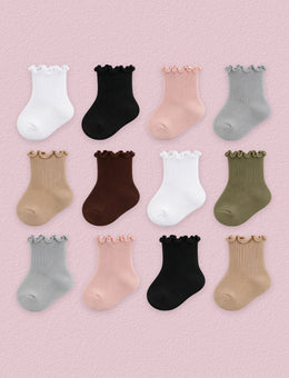 FRILLORA Baby & Toddler Girl Ruffle Crew Socks, 12 Pairs - White, Khaki, Brown, Black, Pink, Grey, Green - 12 Pairs