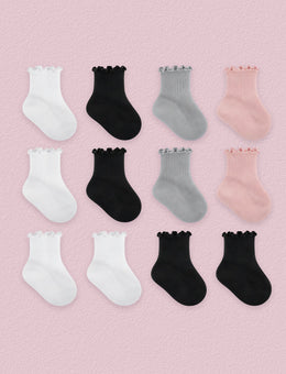 FRILLORA Baby & Toddler Girl Ruffle Crew Socks, 12 Pairs - White, Black, Grey, Pink - 12 Pairs