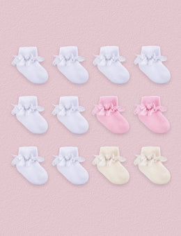 FRILLORA Baby Girl Turn-Cuff Ruffle Dress Socks, 12 Pairs - White, Beige, Pink - 12 Pairs