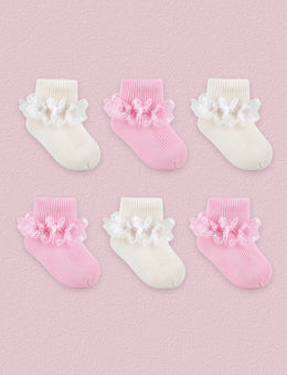 FRILLORA Baby Girl Turn-Cuff Ruffle Dress Socks, 6 Pairs - Beige, Pink - 6 Pairs