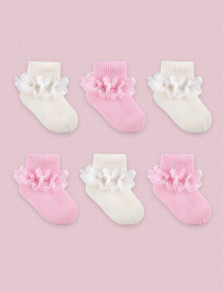FRILLORA Baby Girl Turn-Cuff Ruffle Dress Socks, 6 Pairs - Beige, Pink - 6 Pairs