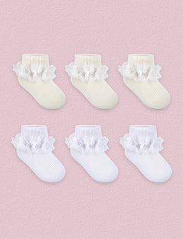 FRILLORA Baby Girl Turn-Cuff Ruffle Dress Socks, 6 Pairs - Beige, White - 6 Pairs