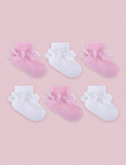 FRILLORA Baby Girl Turn-Cuff Ruffle Dress Socks, 6 Pairs - Pink, White - 6 Pairs