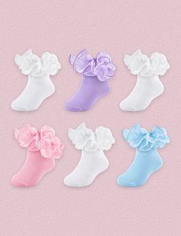 FRILLORA Girls Big-Ruffle Lace Dress Socks, 6 Pairs - Purple, Blue, Pink, White - 6 Pairs