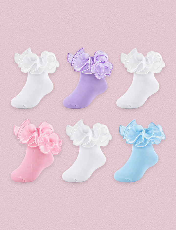 FRILLORA Girls Big-Ruffle Lace Dress Socks, 6 Pairs - Purple, Blue, Pink, White - 6 Pairs
