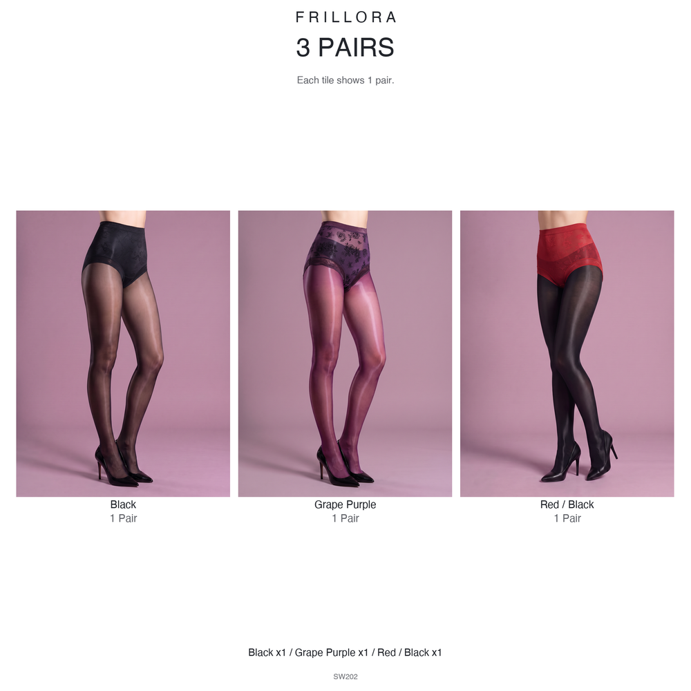 Glossy Tights with Integrated Briefs, 640N in black, grape purple and red and black, 3-pair bundle