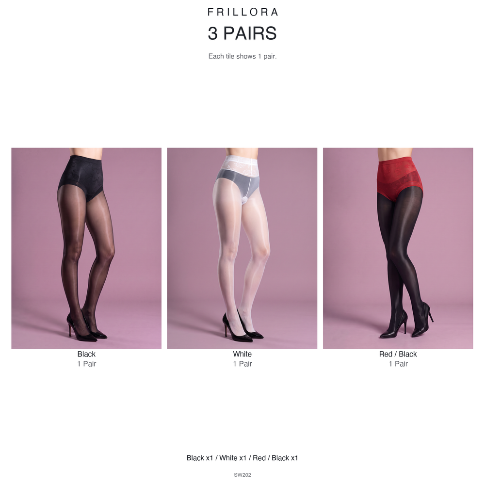 Glossy Tights with Integrated Briefs, 640N in black, red and black and white, 3-pair bundle