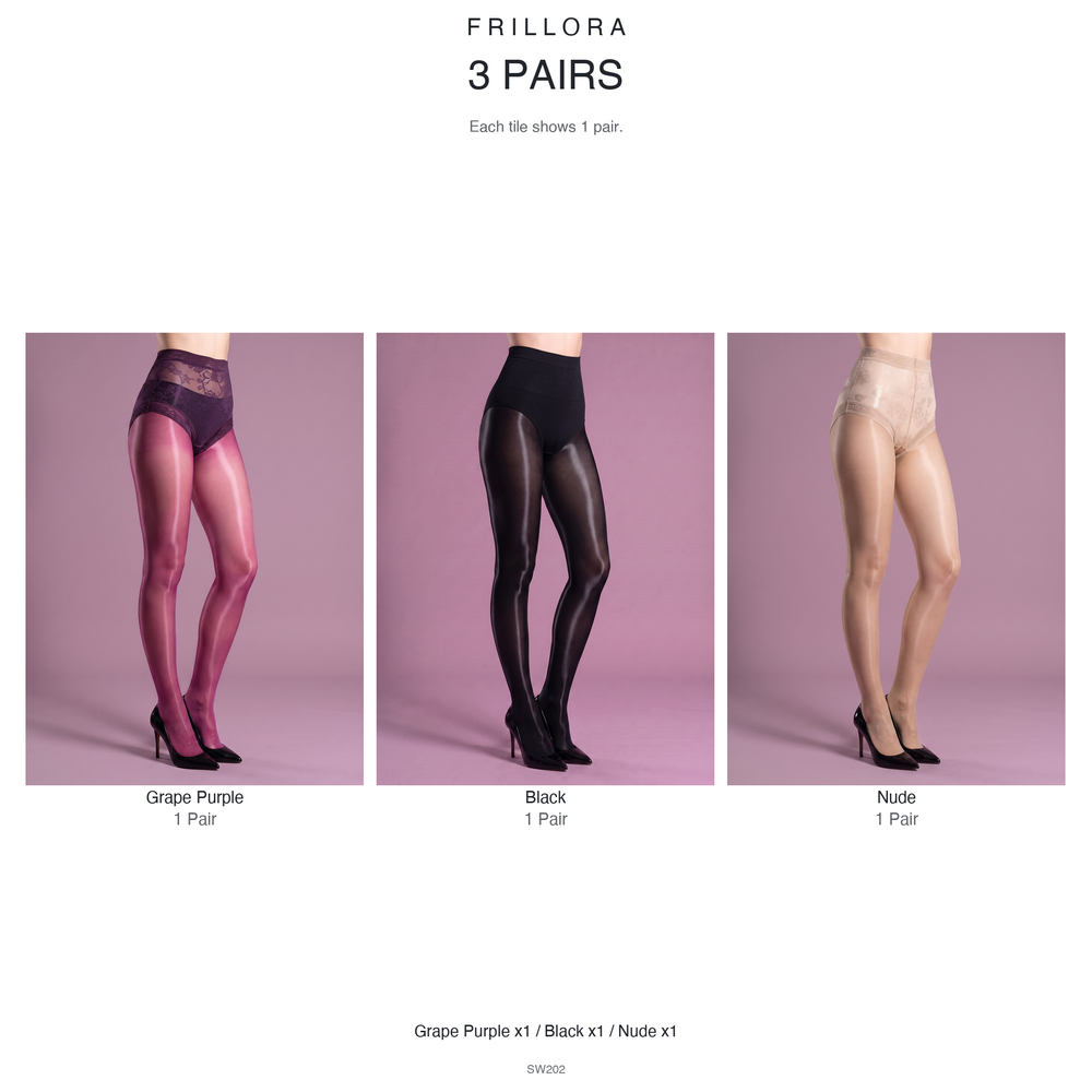 Glossy Tights with Integrated Briefs, 912N in black, grape purple and nude, 3-pair bundle
