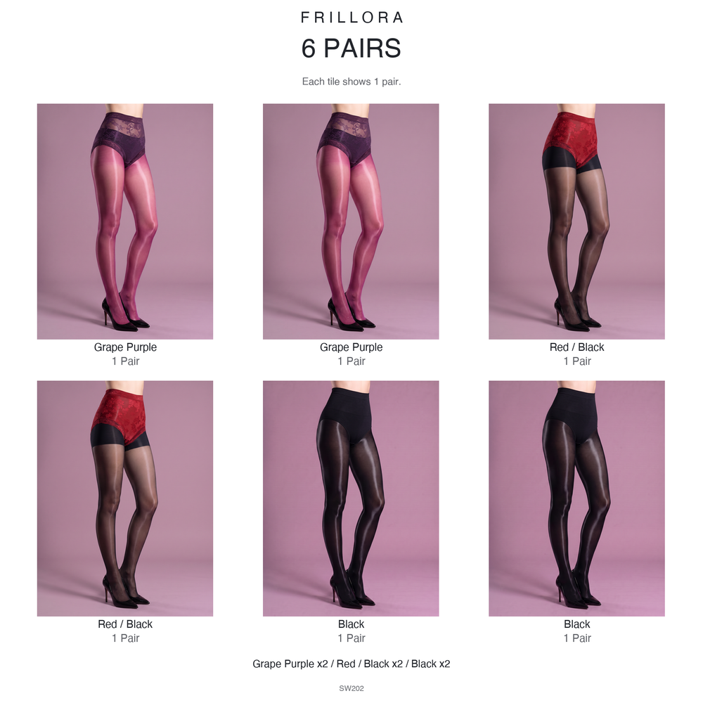 Glossy Tights with Integrated Briefs, 912N in black, grape purple and red and black, 6-pair bundle