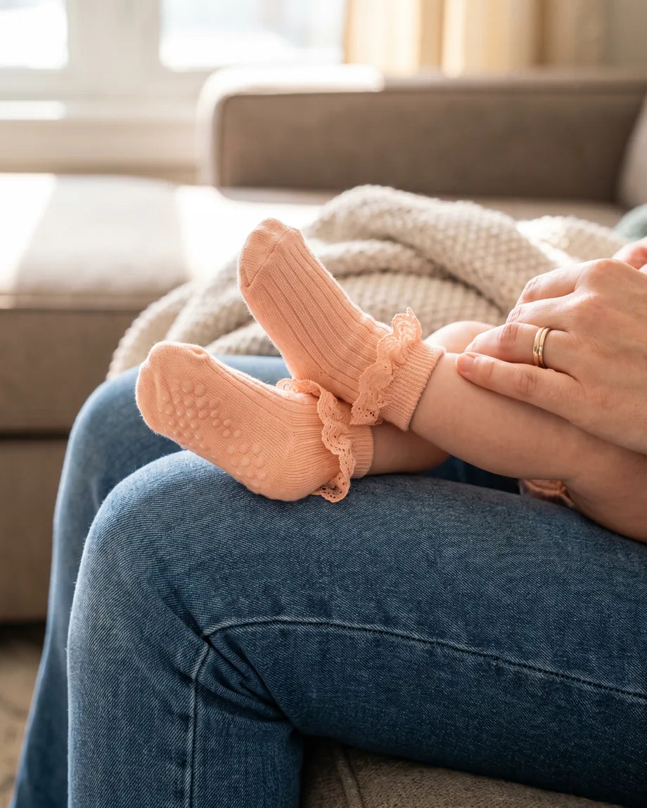 Baby wearing peach ruffle socks on a caregiver's lap