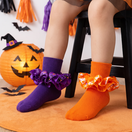 Toddler & Girls Halloween Ruffle Socks, 2 Pairs - Purple, Orange, Halloween styling photo 1