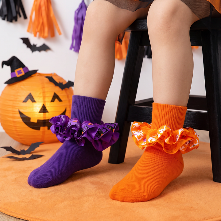 Toddler & Girls Halloween Ruffle Socks, 2 Pairs - Purple, Orange, Halloween styling photo 1
