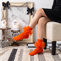 Girls & Teens Organza Ruffle Socks, 4 Pairs - orange, Halloween styling photo 3