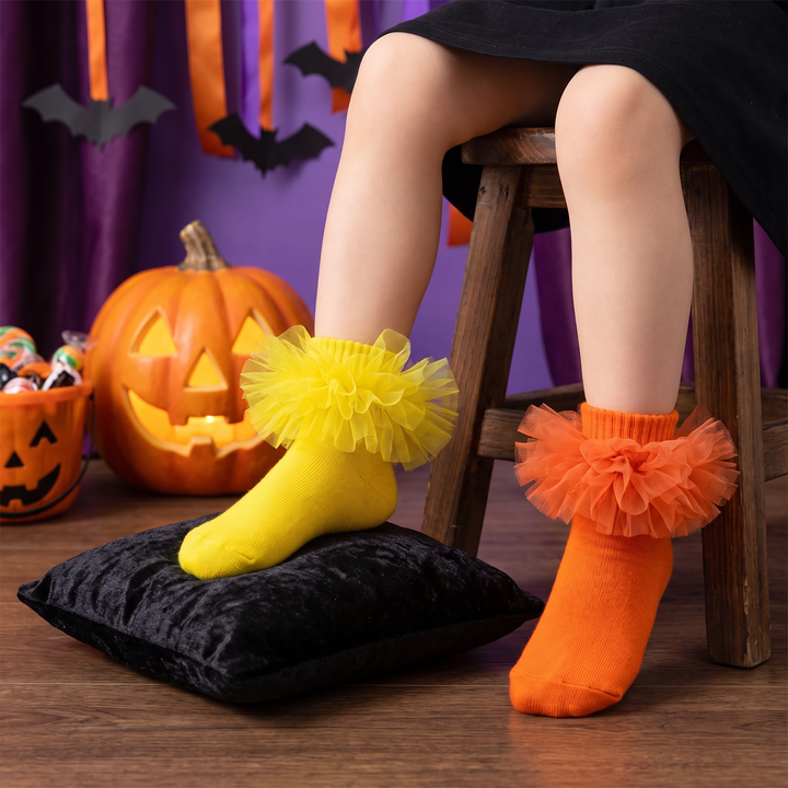 Girls Tulle Ruffle Socks, 2 & 4 Pairs - Neon Yellow, Orange, Halloween styling photo 1