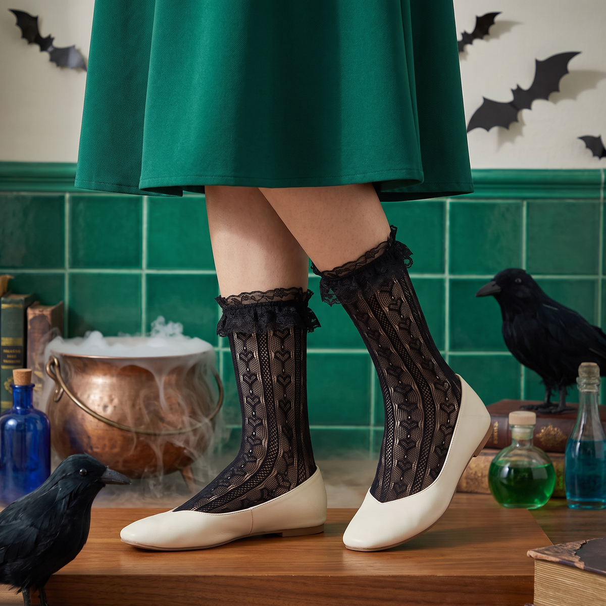 Women's Halloween Lace Ruffle Socks, 4 Pairs - black with vertical leaf lace, Halloween styling photo 1