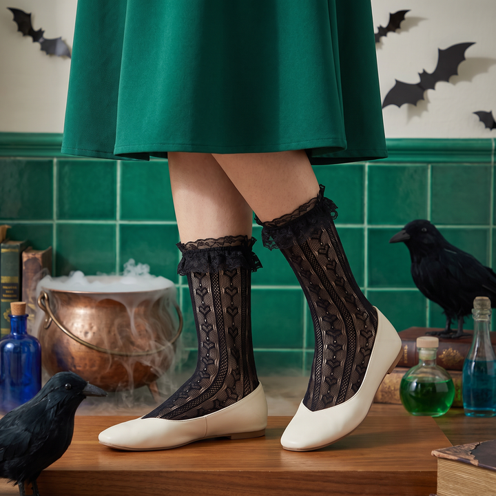 Women's Halloween Lace Ruffle Socks, 4 Pairs - black with vertical leaf lace, Halloween styling photo 1