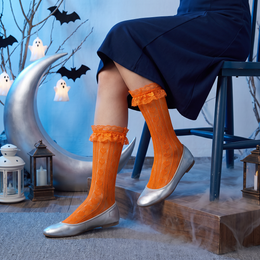 Women's Halloween Lace Ruffle Socks, 4 Pairs - pumpkin orange with vertical leaf lace, Halloween styling photo 2