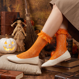 Women's Halloween Lace Ruffle Socks, 4 Pairs - pumpkin orange with scrolling lace, Halloween styling photo 4