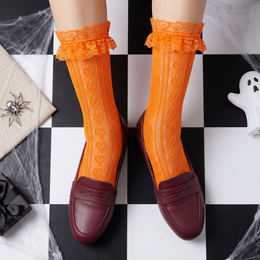 Women's Halloween Lace Ruffle Socks, 4 Pairs - pumpkin orange with vertical leaf lace, Halloween styling photo 6