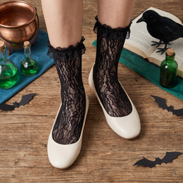 Women's Floral Lace Ruffle Socks, 6 Pairs - black with scrolling lace, Halloween styling photo 6