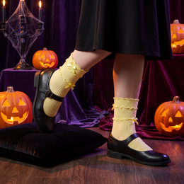 Women's Sheer Bow Ruffle Socks, 2 Pairs - Yellow, Halloween styling photo 1