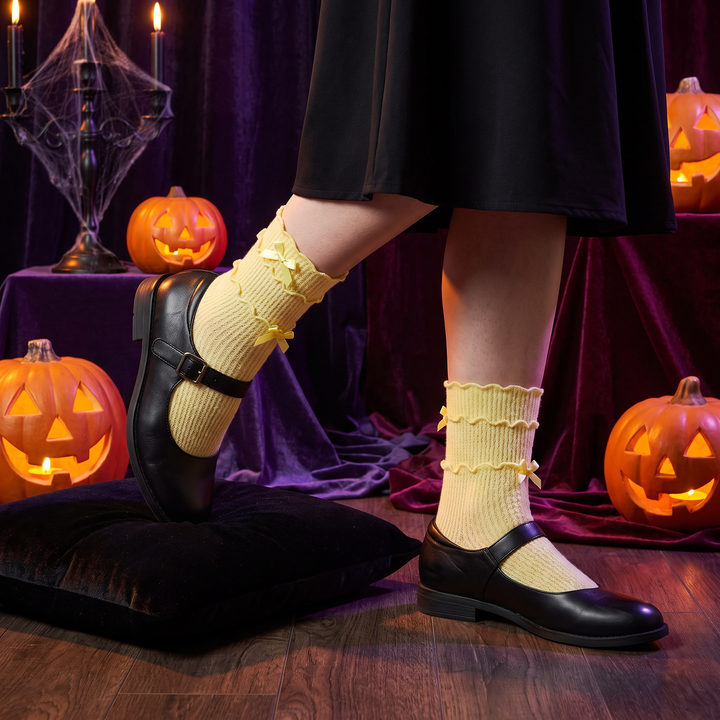 Women's Sheer Bow Ruffle Socks, 2 Pairs - Yellow, Halloween styling photo 1