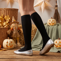 Women's Solid Color Knee-High Socks - black, Halloween styling photo 2